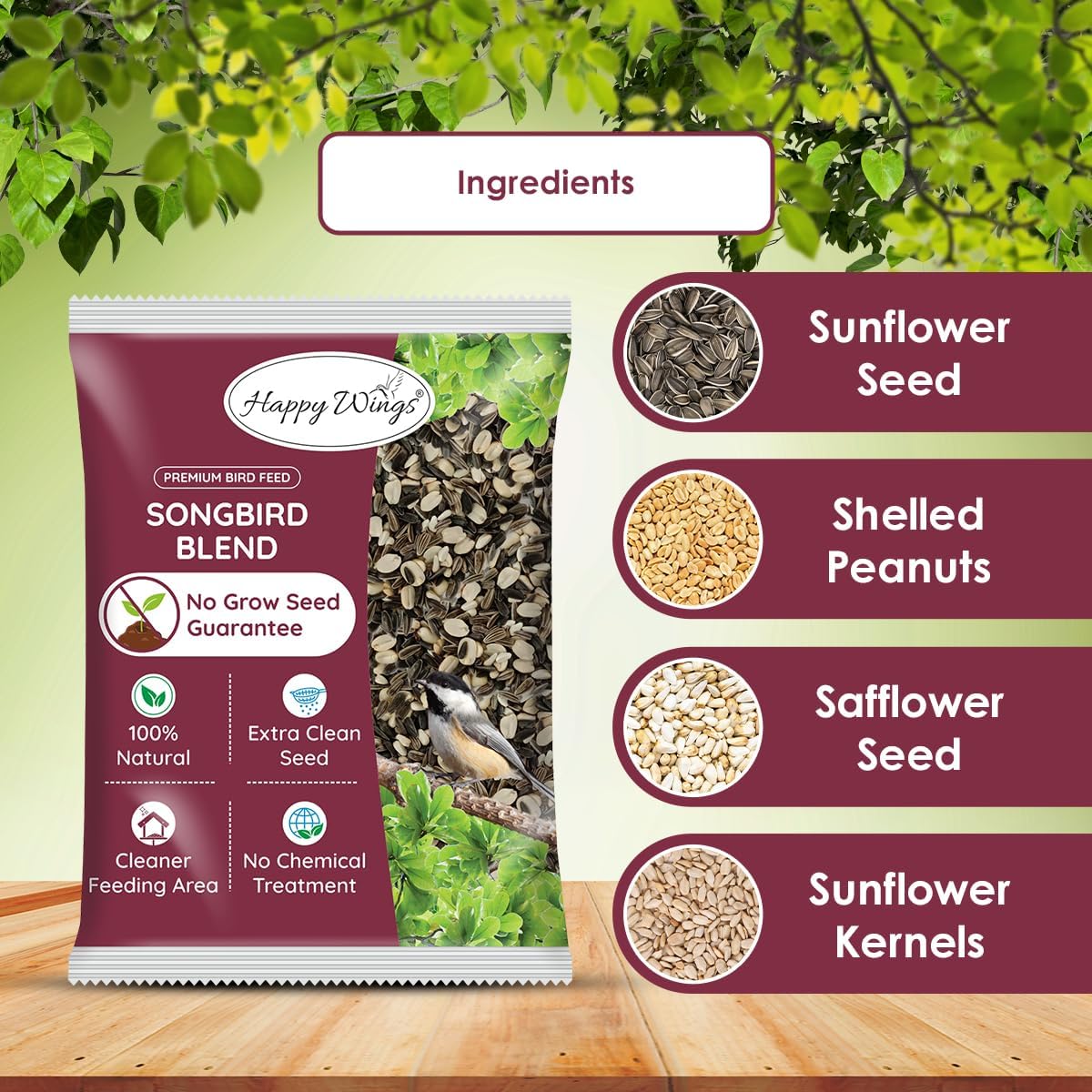 Songbird Blend Bird Food, Mix of Sunflower Seeds/Kernels, Safflower Seeds and Peanuts, 5 Pounds | No Grow Seed | Bird Seed for Wild Birds