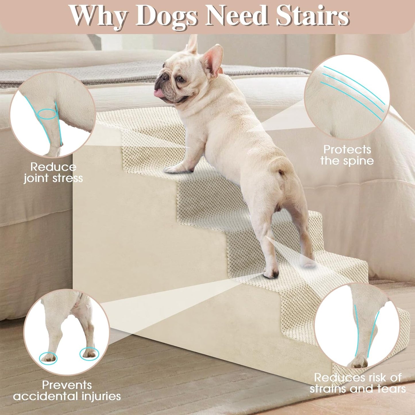 GGIB Dog Stairs for Small Dogs Pet Stairs for Sofa Couch Dog Ramp Pet Steps with Removable Washable Cover, Beige, 22" H, 5-Step