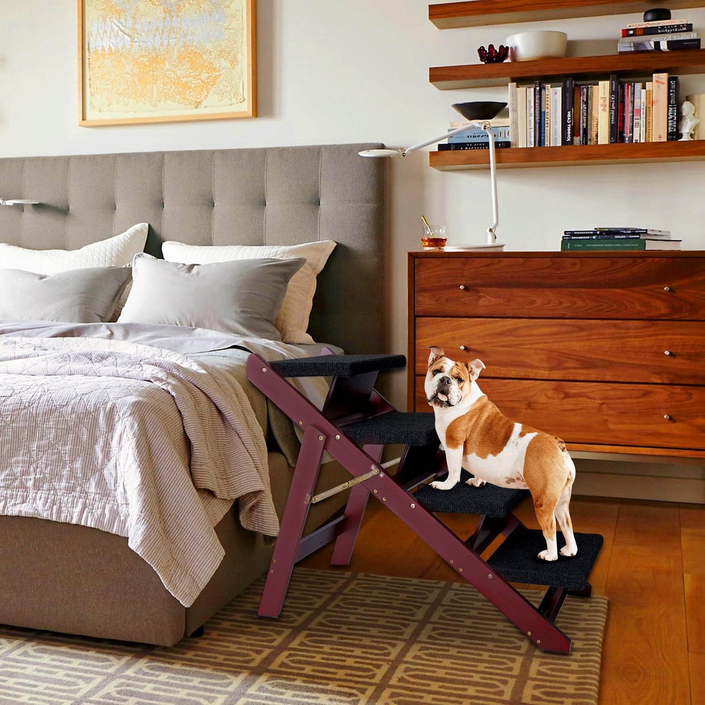 BRIKY Wooden Dog Stairs/Steps - Foldable 4 Steps Dog Steps for High Bed Couch Cars, Non-Slip Pet Stairs for Small Large Medium Dogs and Cats, No Assembly Required