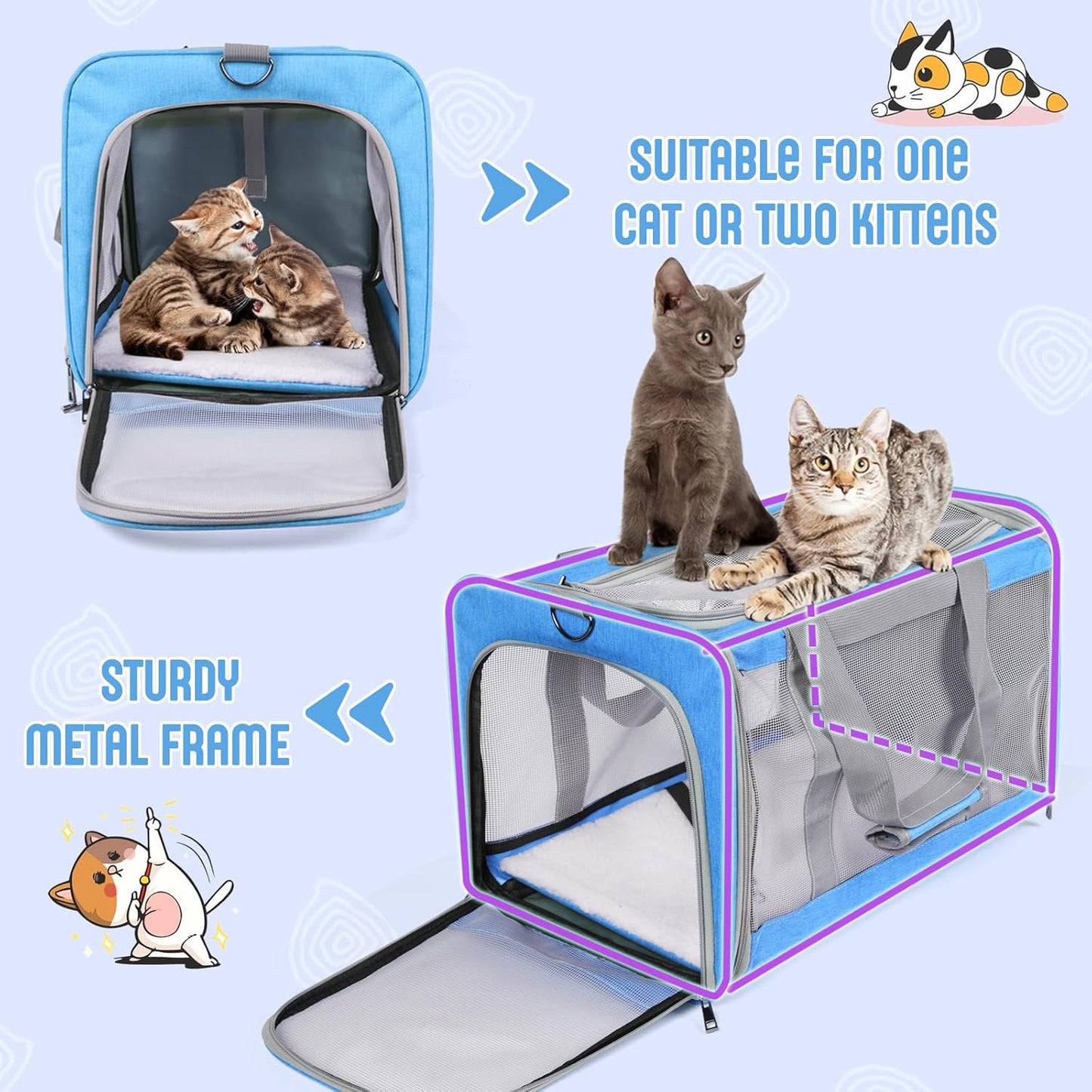 Pet Carrier for Large Cats of 20 Lbs, Collapsible Carrier Bag for Big Cat or 2 Kittens,Soft Sided Puppy Carrier with Sturdy Travel Transport Strap, Adequate Ventilation, 4 Mesh Windows (Blue)