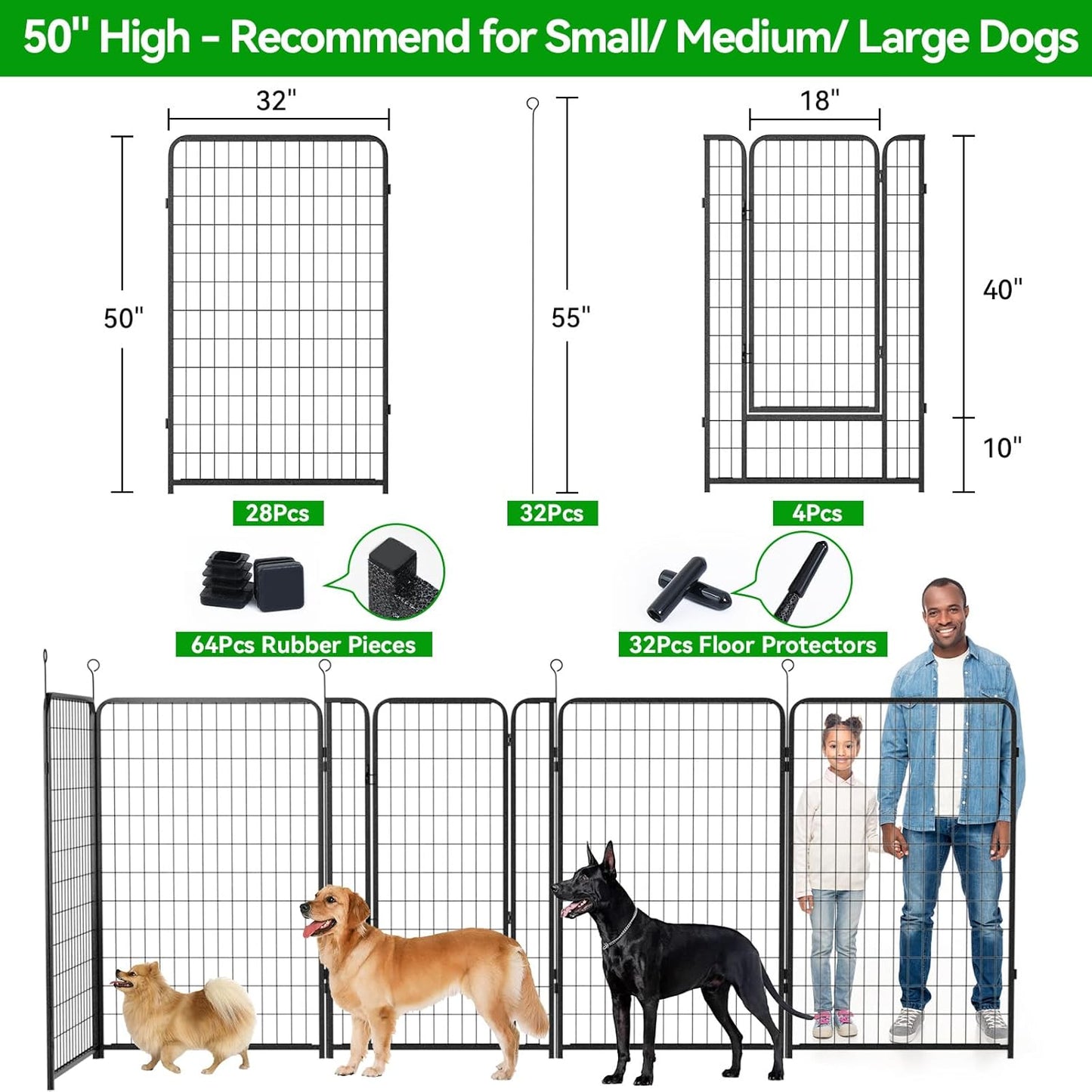 Dog Playpen Outdoor Extra Wide 32 Panels Heavy Duty Dog Fence 50" Height Anti-Rust with Doors Portable for RV Camping Yard, Total 84FT, 561 Sq.ft, Snowy Black