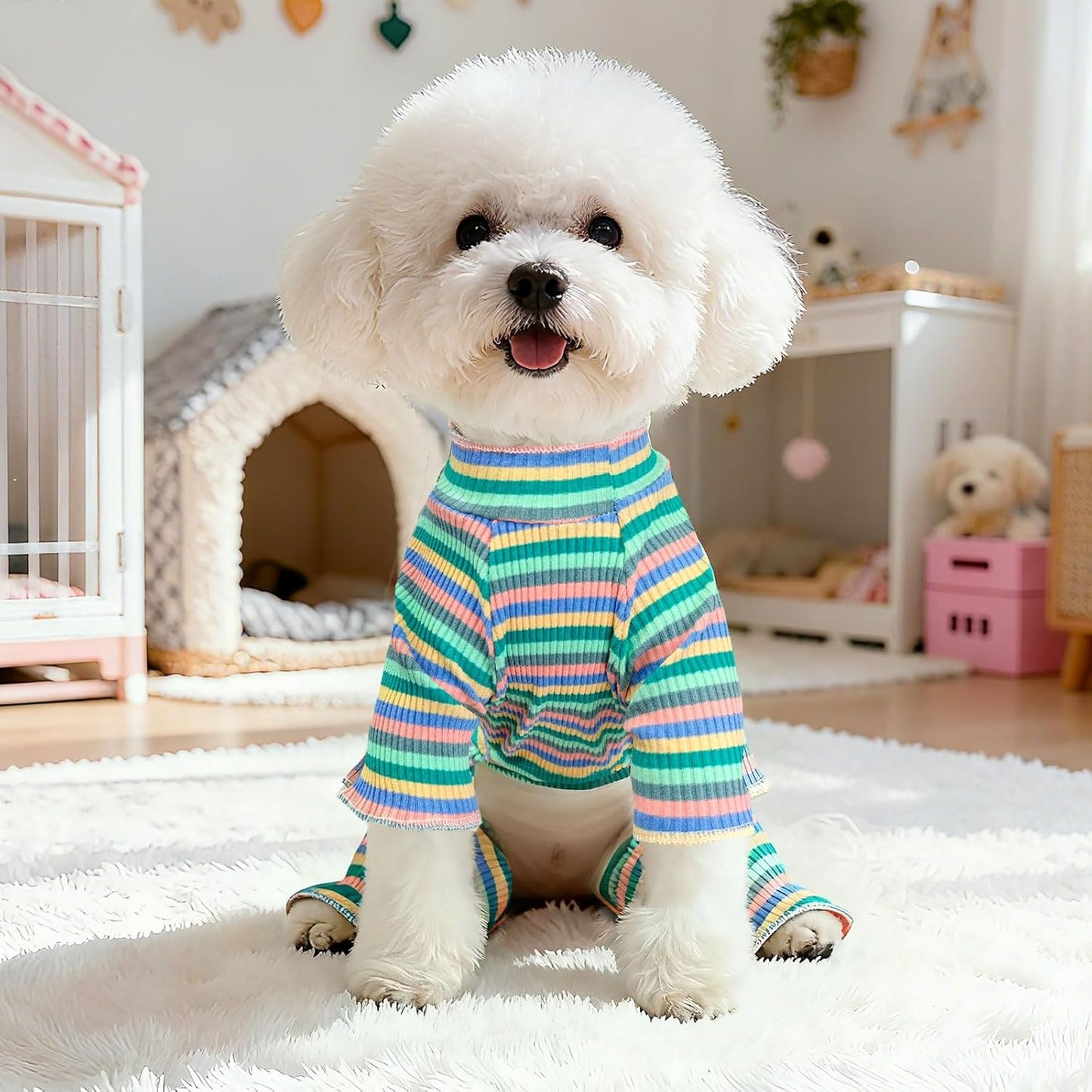 BAEJMJK Striped Dog Pajamas Stretchy Cute Four-Legged Boy Girl Dog Clothes with Sleeves Comfortable Dogs Jumpsuit Colorful Pet Puppy Outfits Apparel for Small Medium Dogs Cats(Green,X-Large)