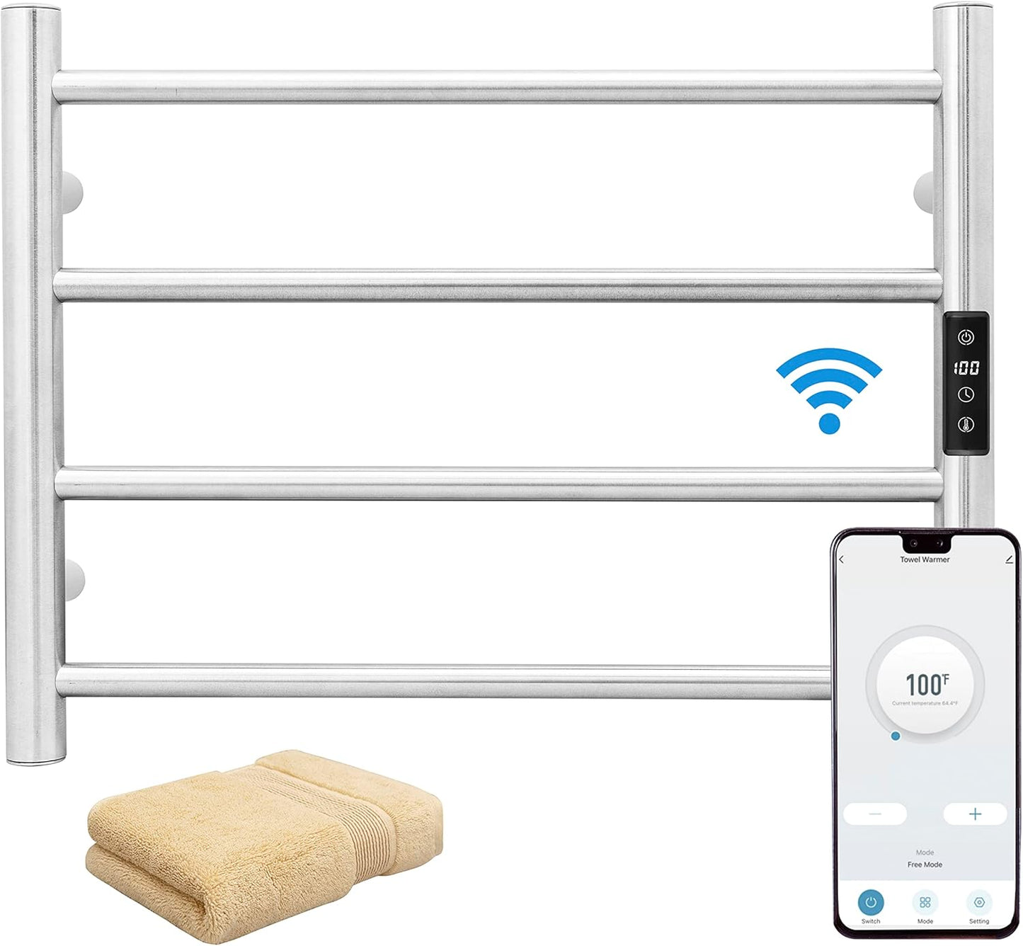 KEG Smart WiFi Towel Warmer Wall Mounted with Built-in Timer and Temperature Adjust Control, 4 Bars Electric Stainless Steel Heated Towel Racks for Bathroom Brushed Nickel