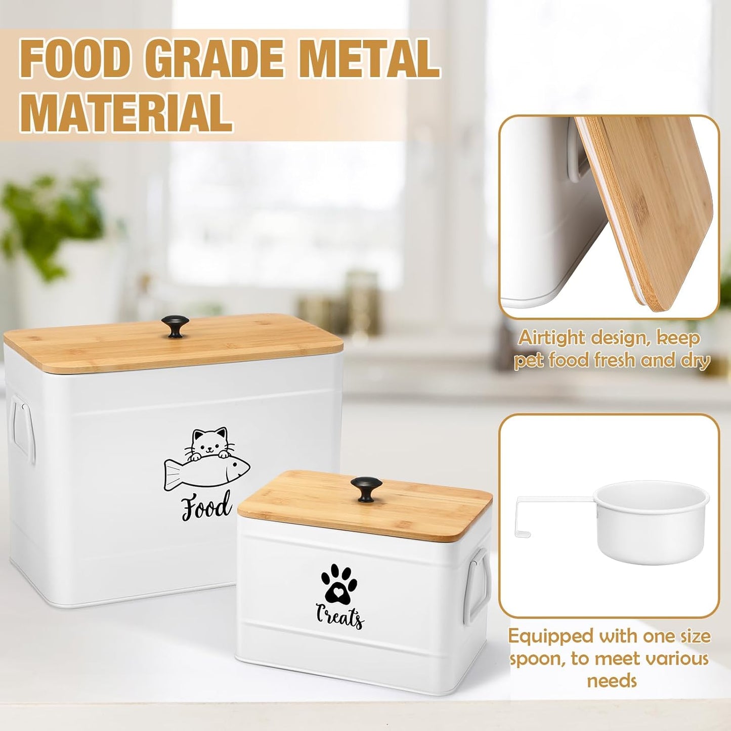 Extra Large Metal Cat Food Containers Airtight 12+3.5 lbs Cat Treat Snack Jars Set of 2 with Bamboo Lids and Spoons Farmhouse Big Pet Cookie Storage Jars for Kitchen Counter Gifts(White)
