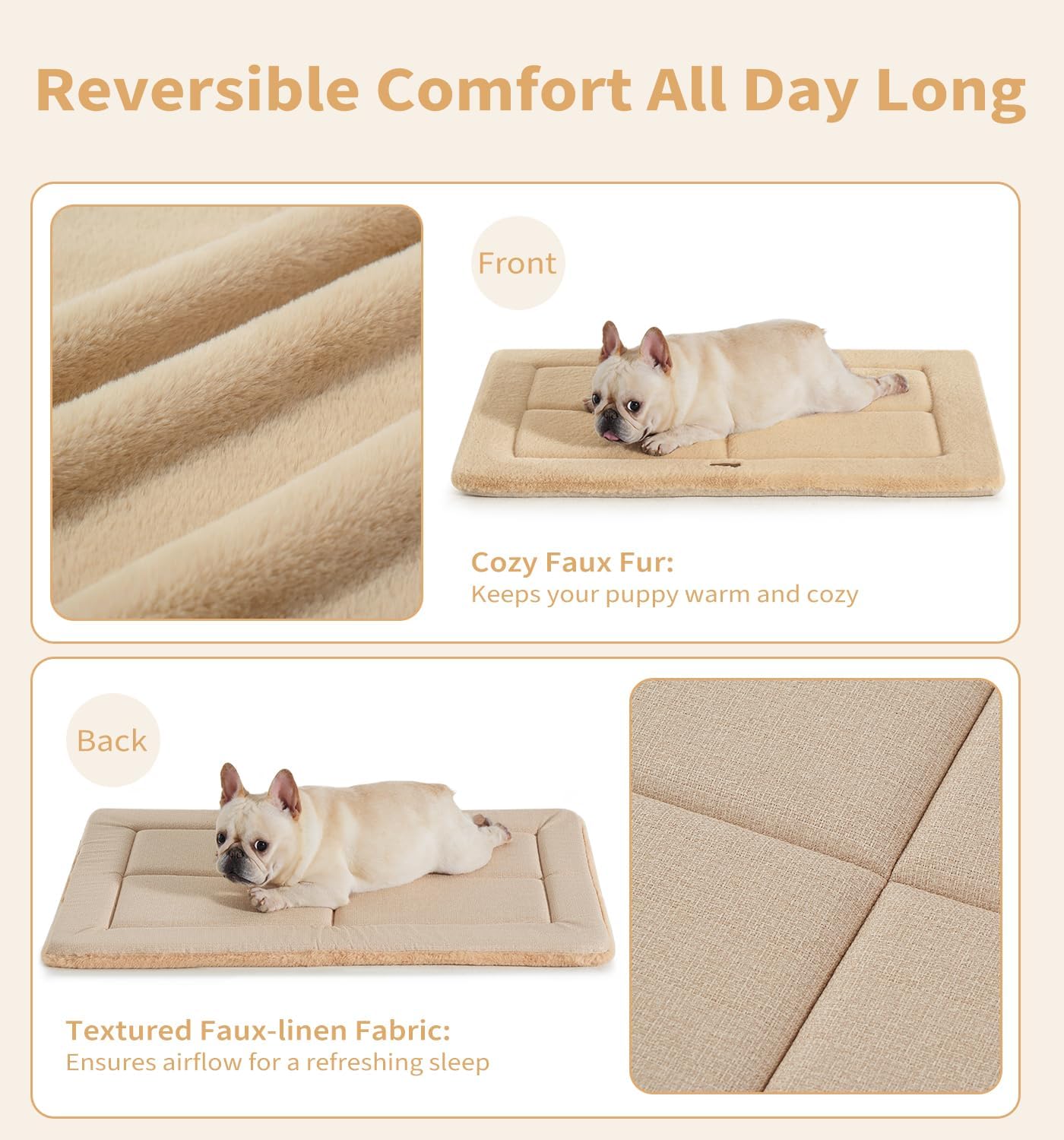 Made4Pets Dog Crate Pad Bed for Medium Large Dogs, Washable & Reversible, Anti-Slip Kennel Mat for Cozy Sleeping, Soft Fluffy Dog Bed for Indoor & Outdoor Use, 35"x23", Khaki