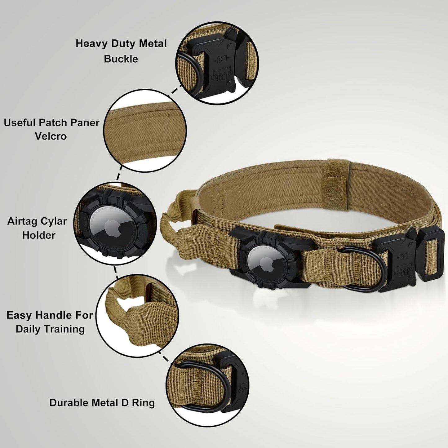 Tactical AirTag Dog Collar Leash Set - Heavy Duty, Adjustable GPS Collar Compatible with Apple AirTag, with Holder & Control Handle for Medium/Large Dogs [Brown, XL]