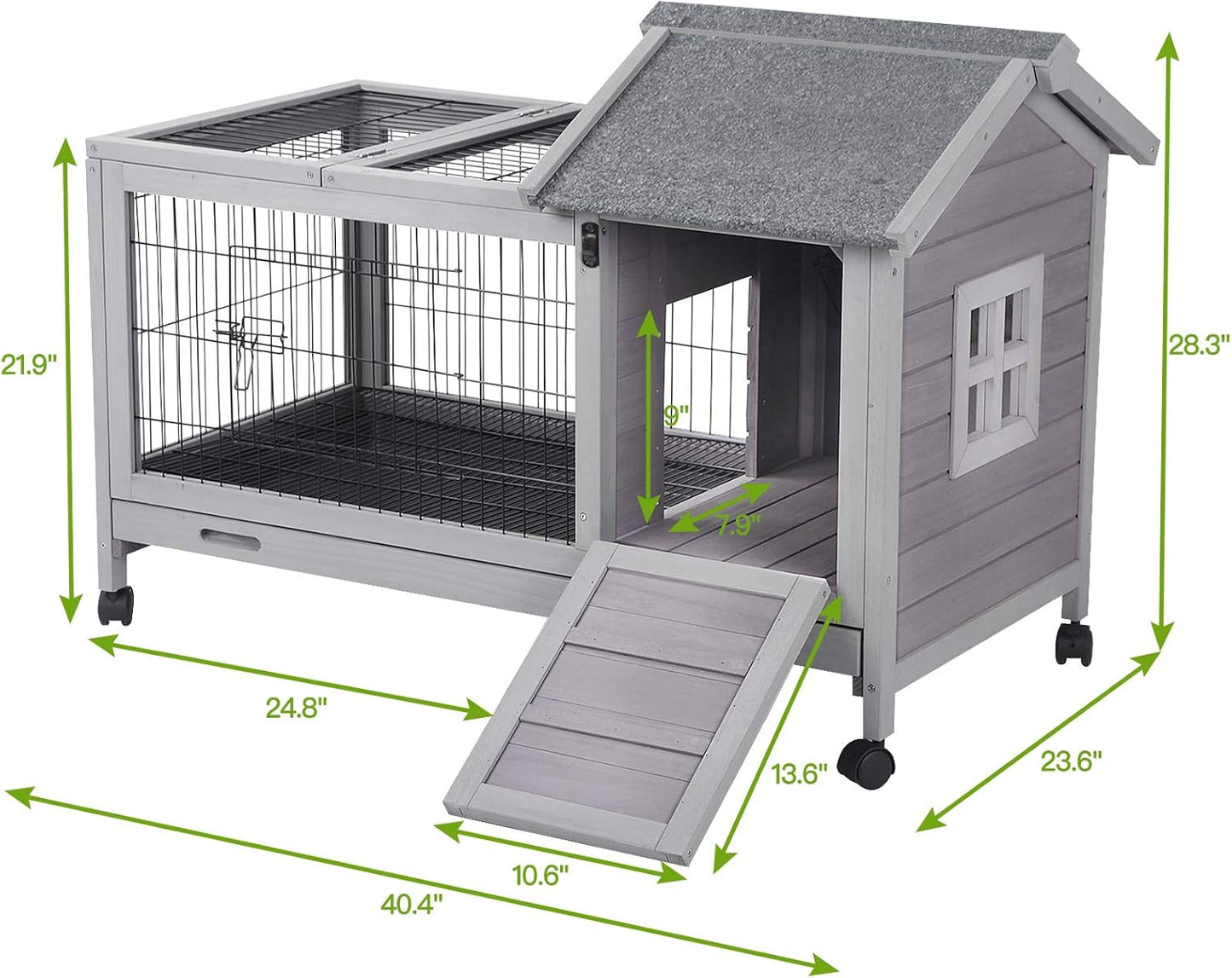 Indoor Rabbit Hutch Bunny Cage with 4 Casters, Bunny Hutch -Removable Wire Grate