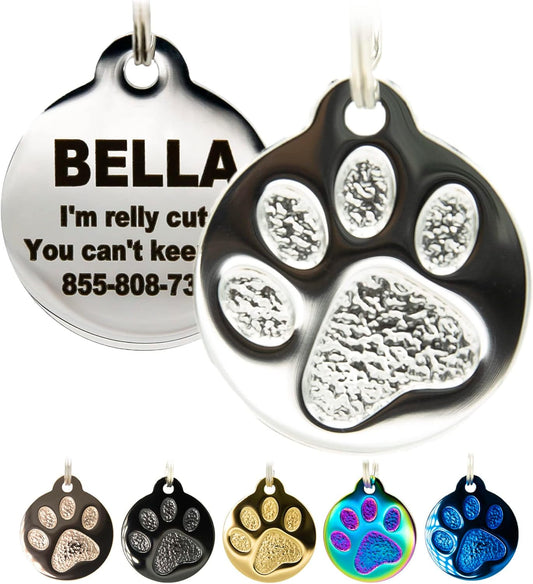 Engraved Pet Tag for Dogs and Cats - Personalized Front & Back up to 4 Lines of Text Custom Engraved ID, Round Paw Print Solid Plating Stainless Steel Silver Small