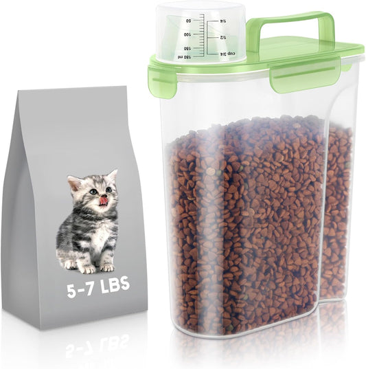 5-7Lbs/6Qt Dog Cat Storage Container Portable with Upgraded Large Spout and Cup, Plastic Pet Food Dispenser for Small Animal Kibble, Bird Seed, Oatmeal, Rice, Flour, Brown Sugart- Clear Green