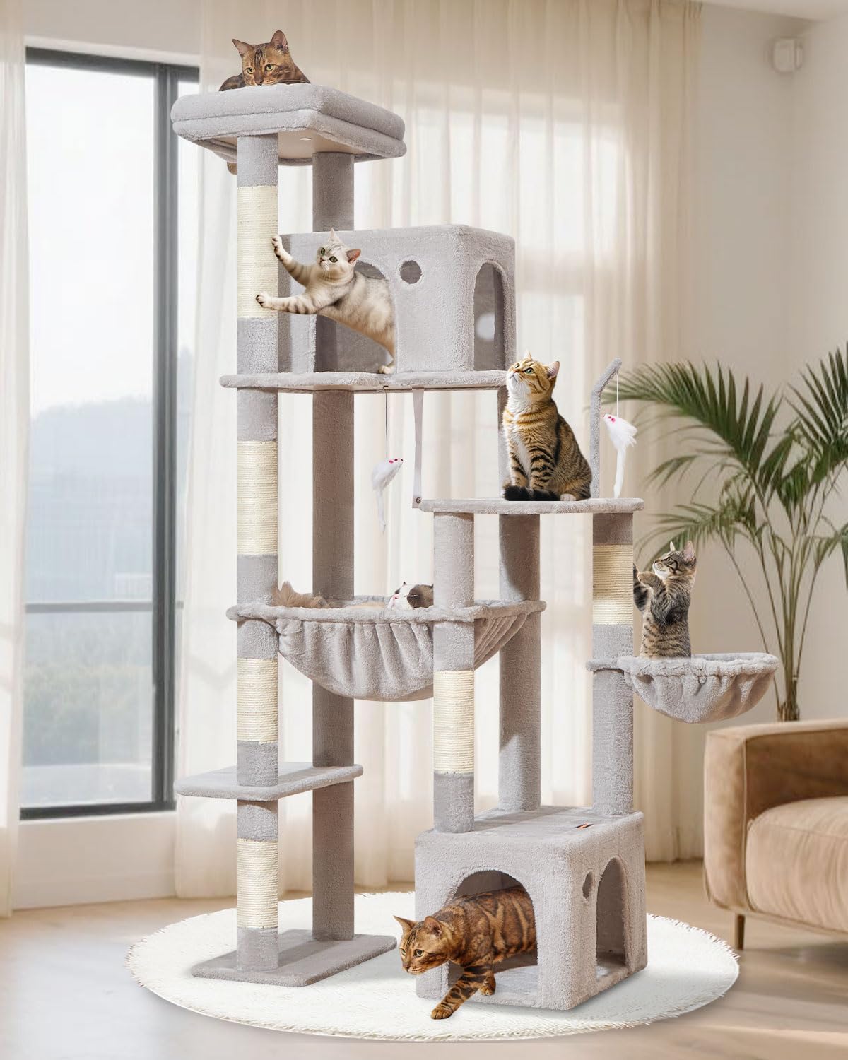 Taoqimiao 71 Inches Cat Tree for Indoor Cats Large Adult, Multi-Level Tall Cat Tower, 2 Cat Condo with 6 Scratching Posts, Super Large Hammcock, Cat Toys, Cozy Basket, Light Gray, MS037W