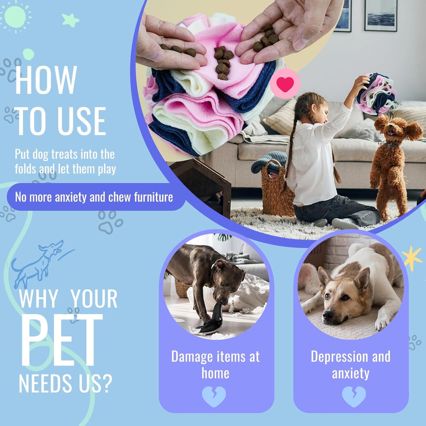 Pet Snuffle Ball, Puzzle Sniffing Interactive Dog Ball for Blind Dogs Training Stress Relief Dog Enrichment Toys Treat Machine Washable (15cm, Classic Pink Blue White)