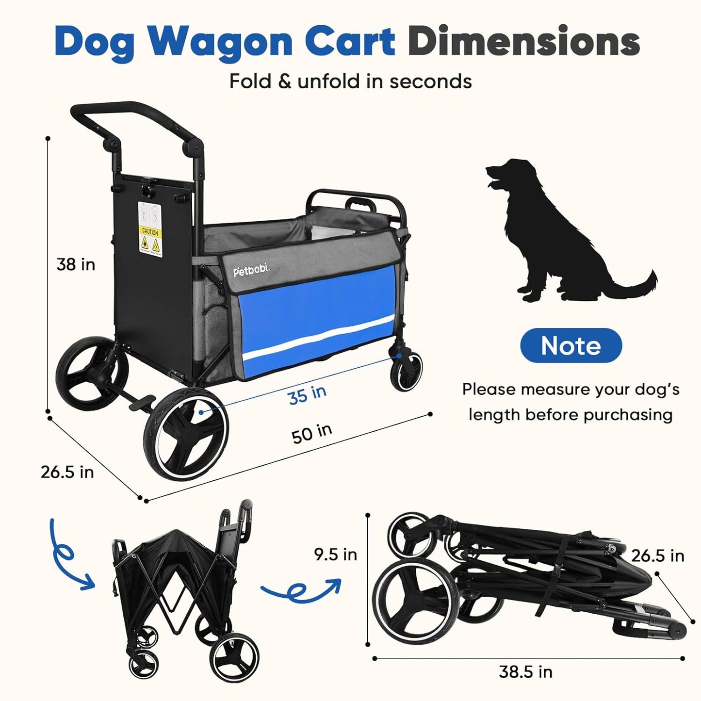 Petbobi Dog Wagon Stroller for Large & Medium Dogs - 2-in-1 Push-Pull Pet Stroller with Ramp, Foldable All Terrain Wagon Cart, One-Step Brake, Suitable for Outdoor Walks & Camping, Blue