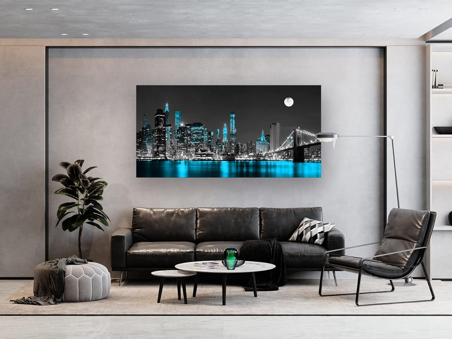 Jiuqinghua Wall Art Decor Canvas Print Picture 1 Panel Black White and Blue New York Brooklyn Bridge Cityscape Night Building Painting for Kitchen Office Home Decor Framed Ready to Hang 20x40inch