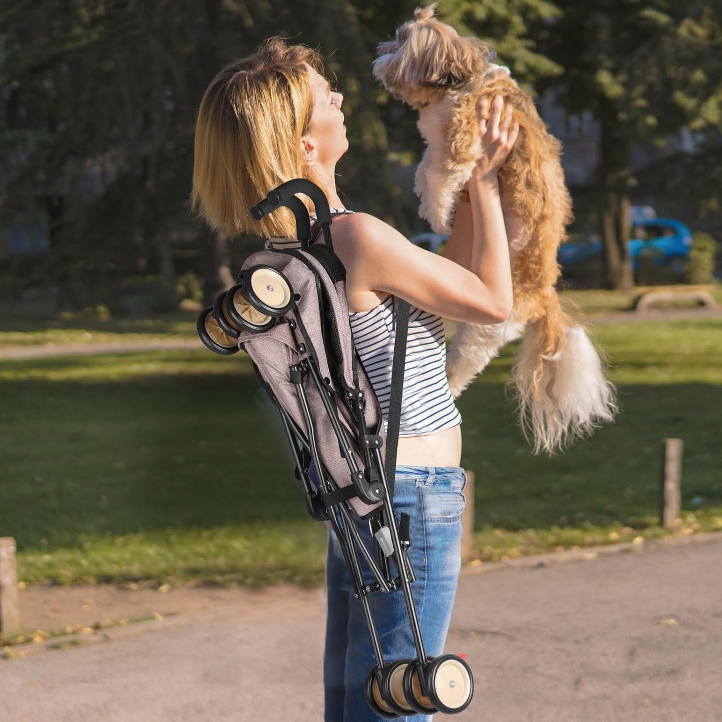 Umbrella Dog Stroller, 4 Wheels Pet Strolling, Foldable Carrier Pet Stroller for Small Dogs Cats, with Carrying Strap and Cup Holder, Dog Poop Bags & Dispenser, Up to 33 lbs, Coffee