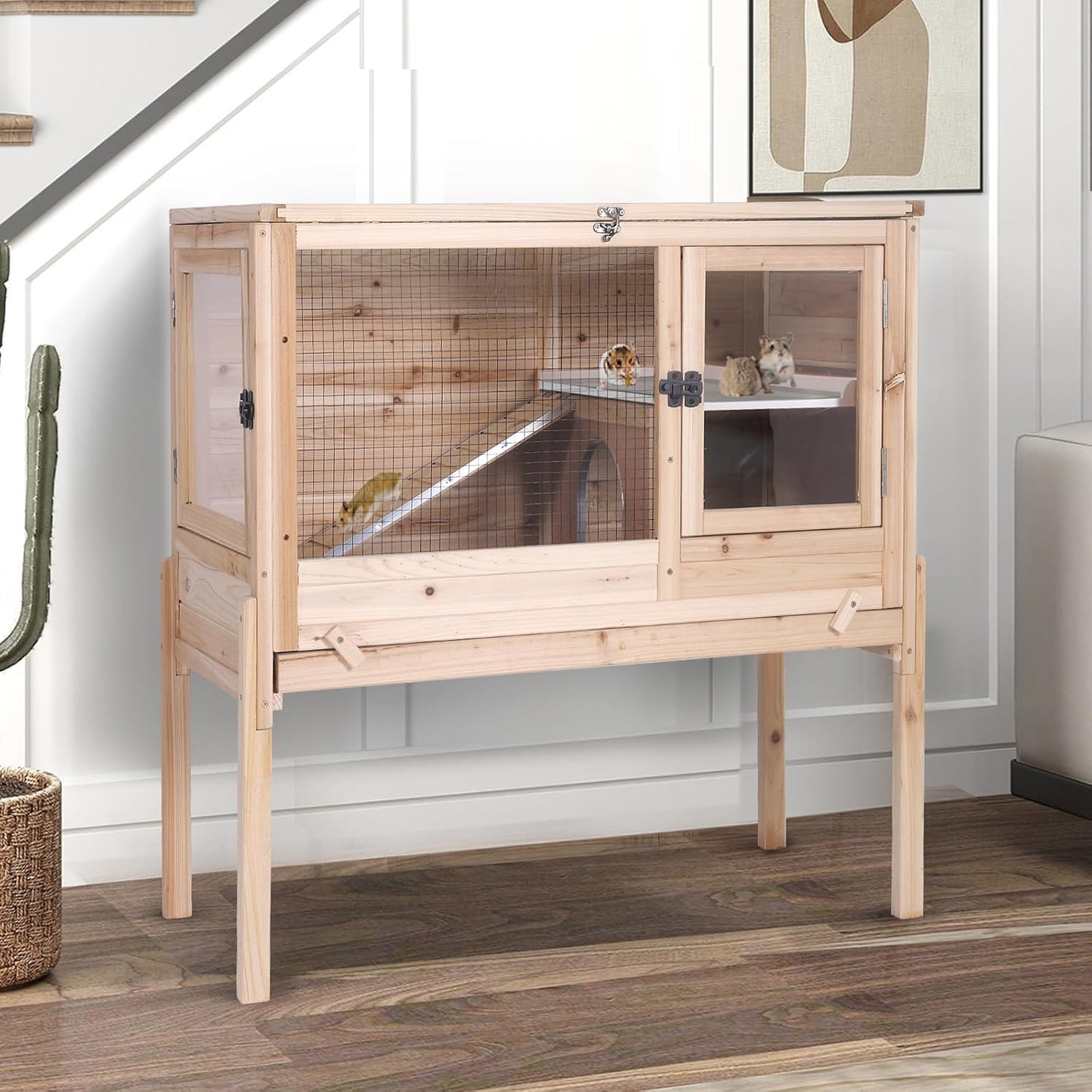 Guinea Pig Cages with Anti Chewing Edges and Cool Zinc Plate, Indoor Rabbit Hutch with Hideout and PVC Platform, Elevated Legs Hamster Cage 36.6" L (Nature)