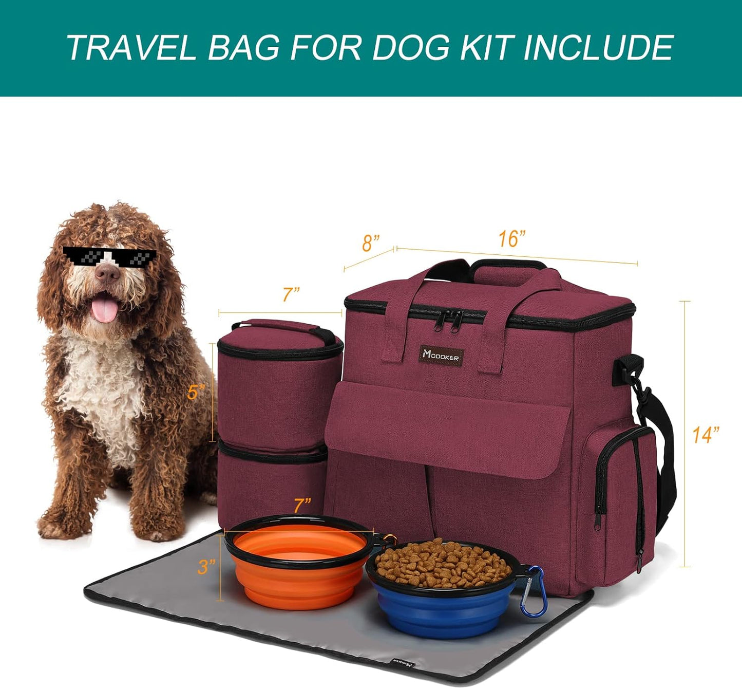 Airline Approved Pet Travel Bag, Weekend Travel Set for Dog and Cat, Airline Approved Tote Organizer with Multi-Function Pockets, 2 Dog Food Storage Containers, 2 Collapsible Bowls (Rose Red)