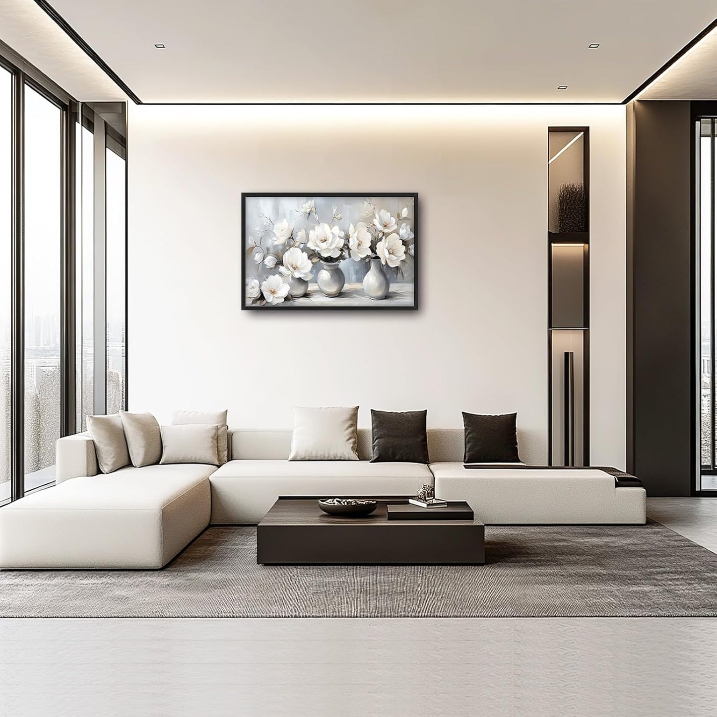 Large Farmhouse Floral Wall Art for Living Room, Framed Oversized White Flower Vase Wall Decor Grey Floral Canvas Painting Pictures Modern Artwork for Bathroom Bedroom Office Dining Room 36"x24"