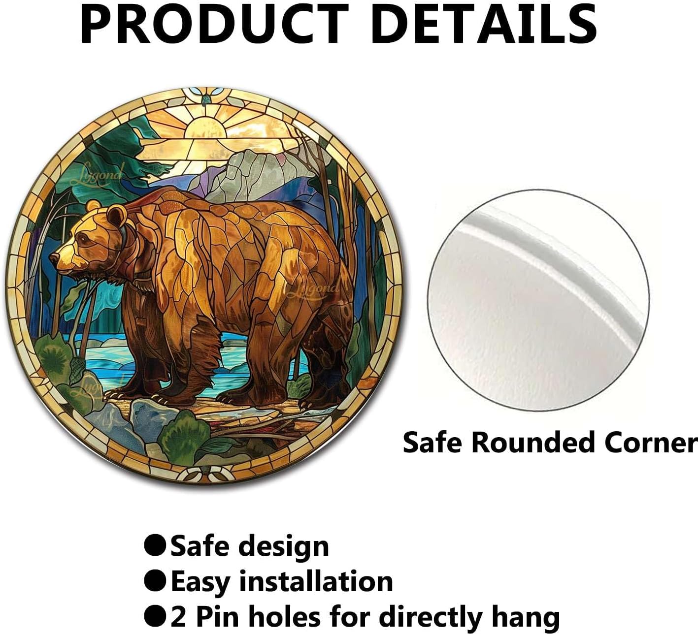Lygond Metal Sign Tin Sign Circular Stained Glass Bear Home Decor for Patio 12×12 Inches