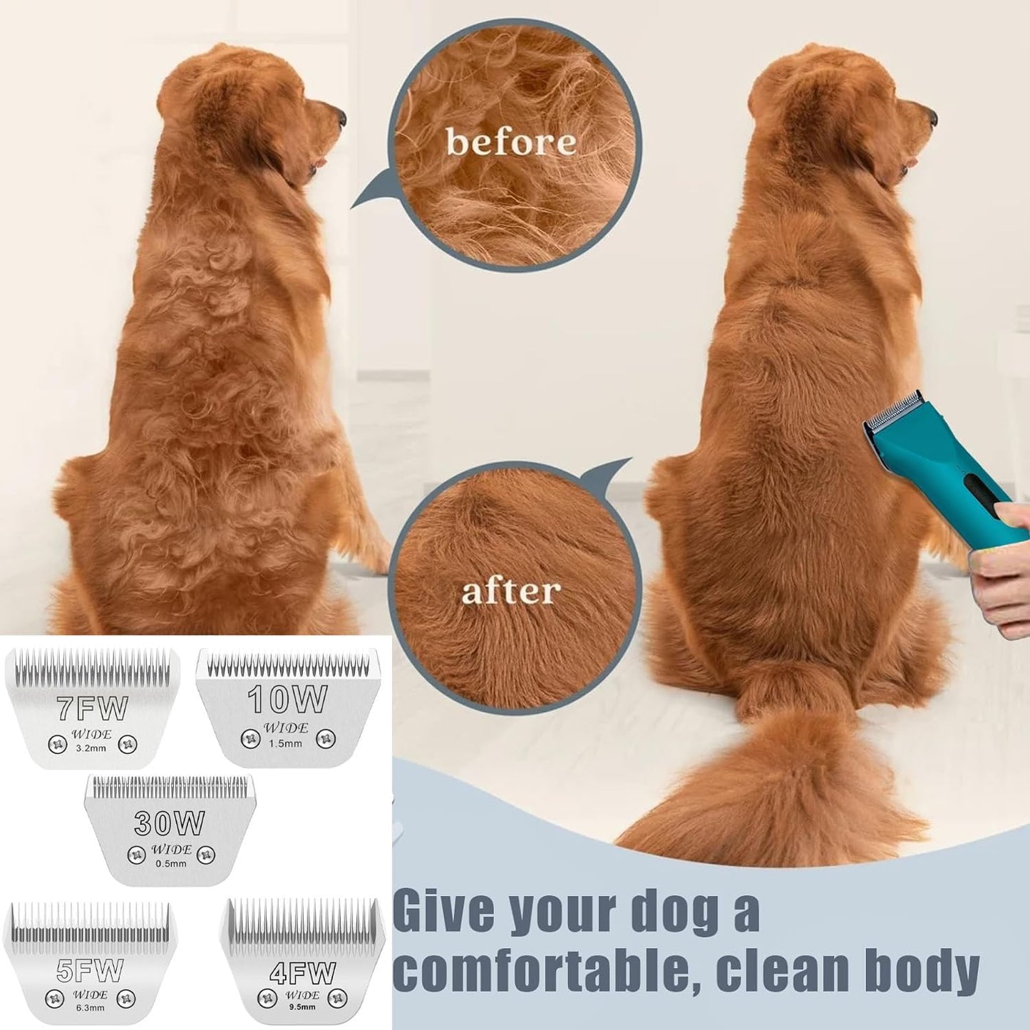 5PCS Wide Blades for Dog Grooming Blades Compatible with Andis Dog Clipper,Dog Clipper Blades for Oster A5,Wahl km10 Dog Clippers Stainless Steel for Animal Dog,Cat,Horse,Size:#10W+30W+4FW+5FW+7FW