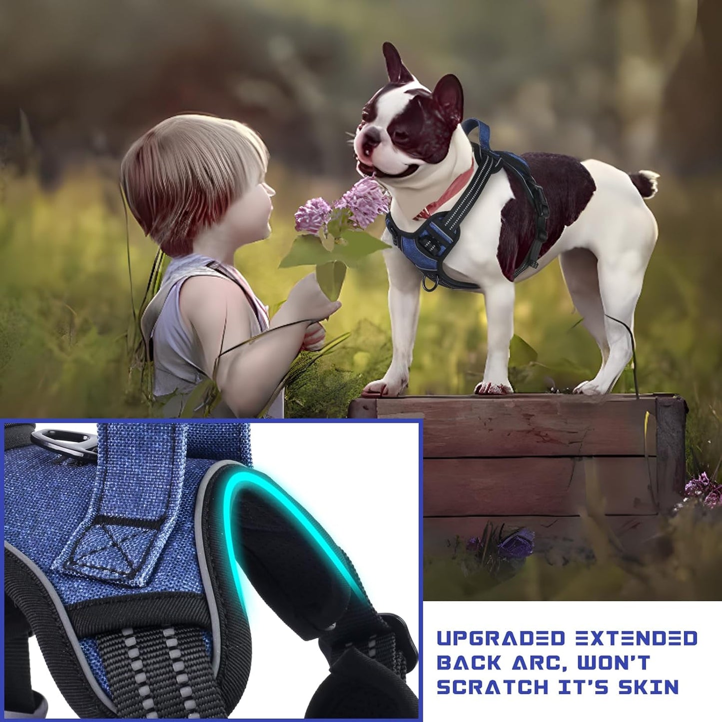 BUMBIN Dog Harness for Large Dogs, No Pull Adjustable No Choke Pet Vest with Dog Leash Fit Smart Reflective Pet Walking Harness for Training Easy Control Soft Handle Denim Blue L