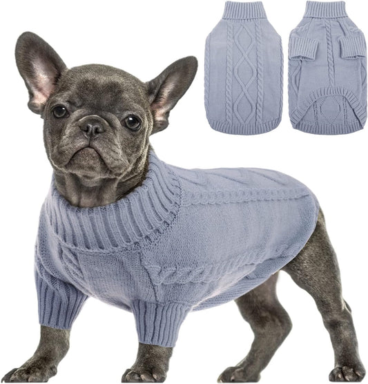 Queenmore Small Dog Pullover Sweater, Cold Weather Cable Knitwear, Classic Turtleneck Thick Warm Clothes for Chihuahua, Bulldog, Dachshund, Pug, Yorkie (Grey, Medium)