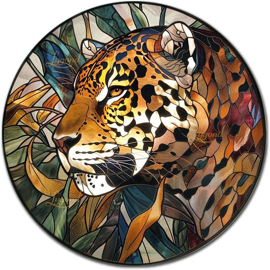 Lygond Metal Sign Tin Sign Circular Stained Glass Jaguar Boho Bedroom Decorations for Yard 12×12 Inches