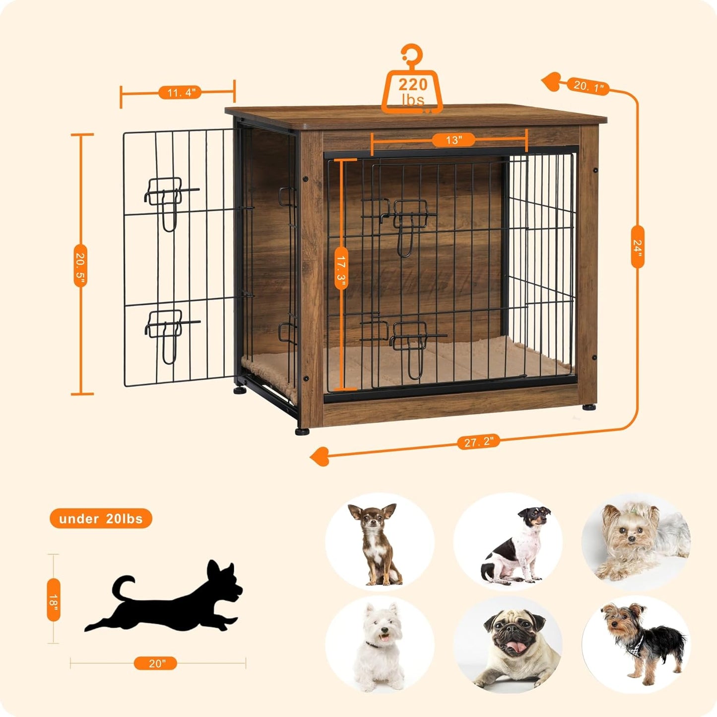 DWANTON Dog Crate Furniture with Cushion, Wooden Kennel Table with Double Doors, Indoor Dog House, Small/Medium/Large Size, 27.2" L, Warm Brown