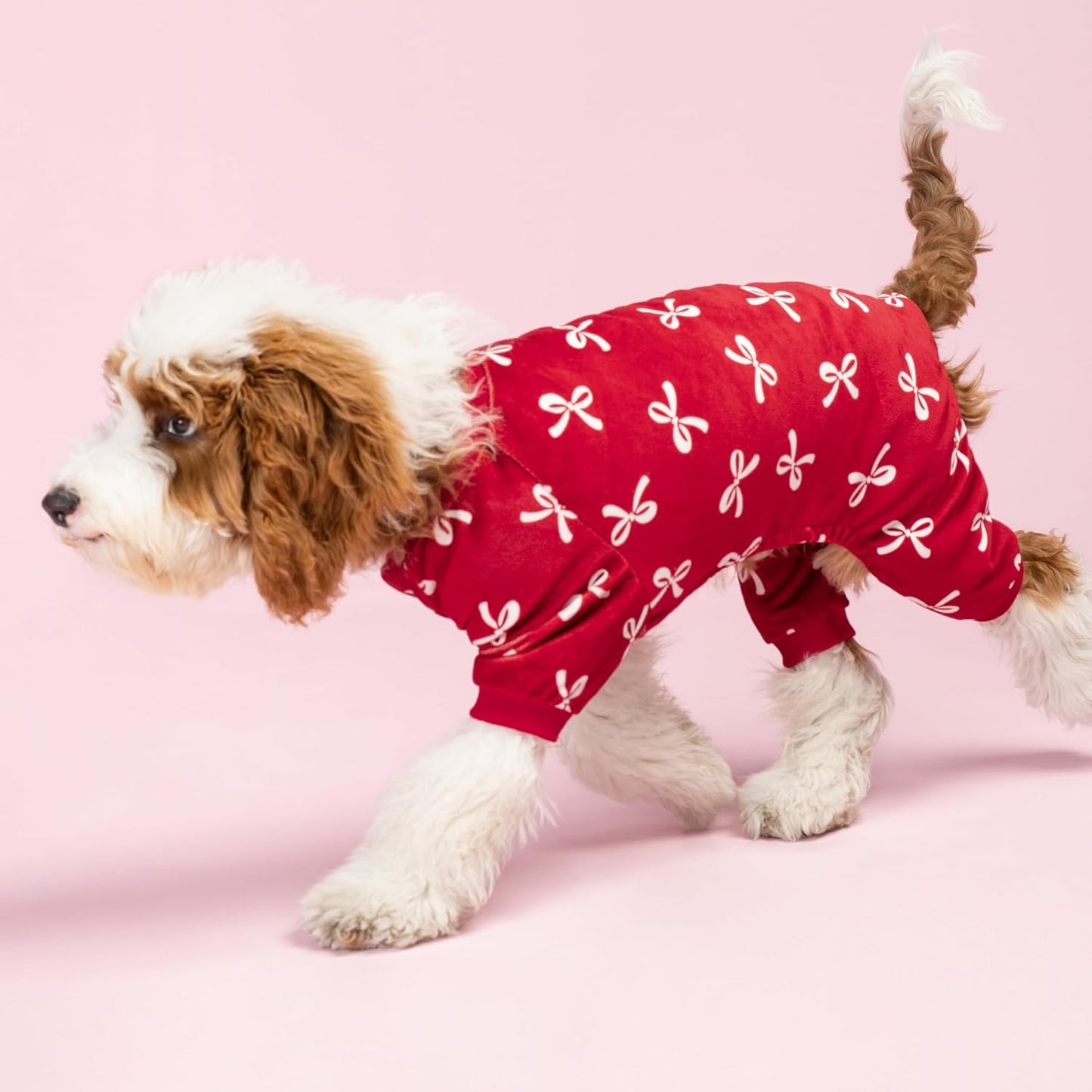 Fitwarm Bowknot Dog Pajamas, Warm Clothes for Small Dogs Girl, Fleece Pet Onesie with Feet, Burgundy Red, White, XXL
