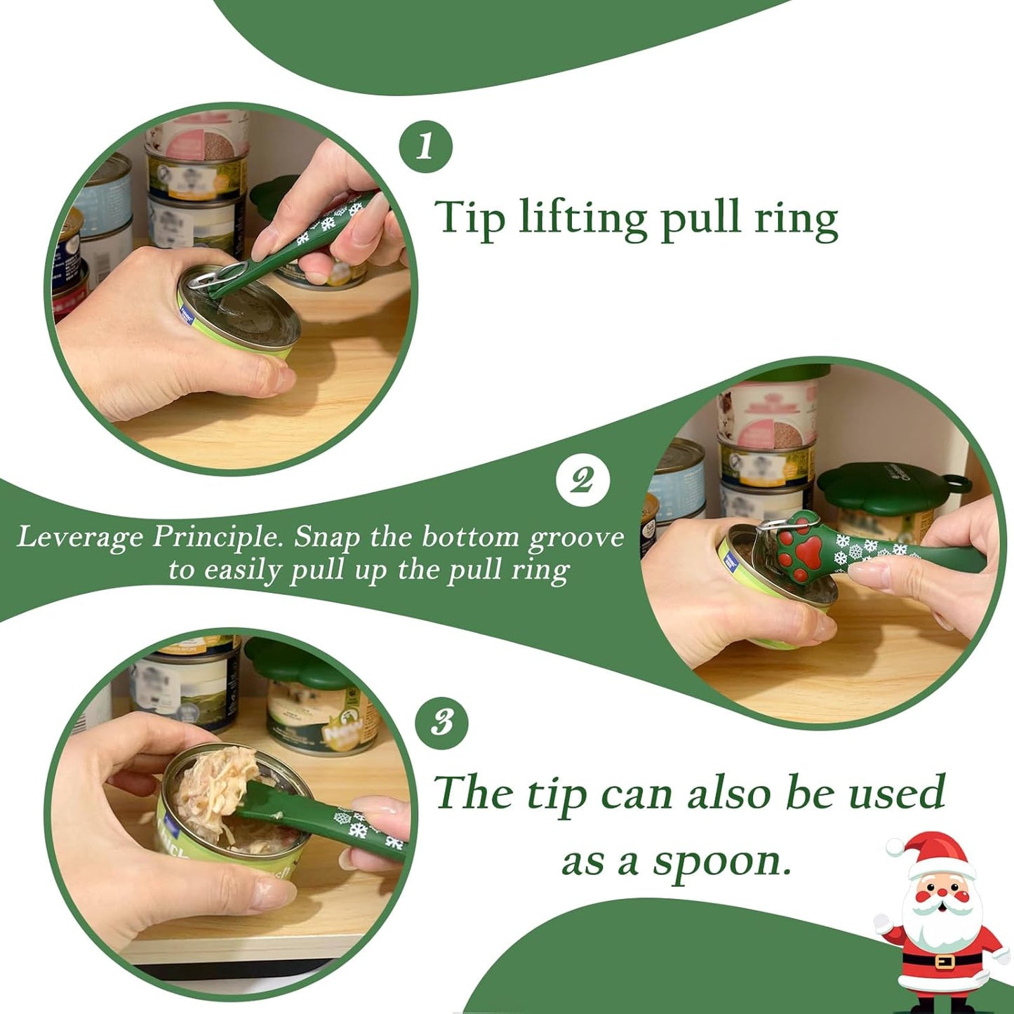 Christmas Pet Set - 3 Cat Food Can Lids & 1 BPA-Free Opener | Cute Paw Shape Can Covers and Opener Spatula Spoon for Wet Food | Silicone Spoon & Covers for Dog Cat - Paw Green