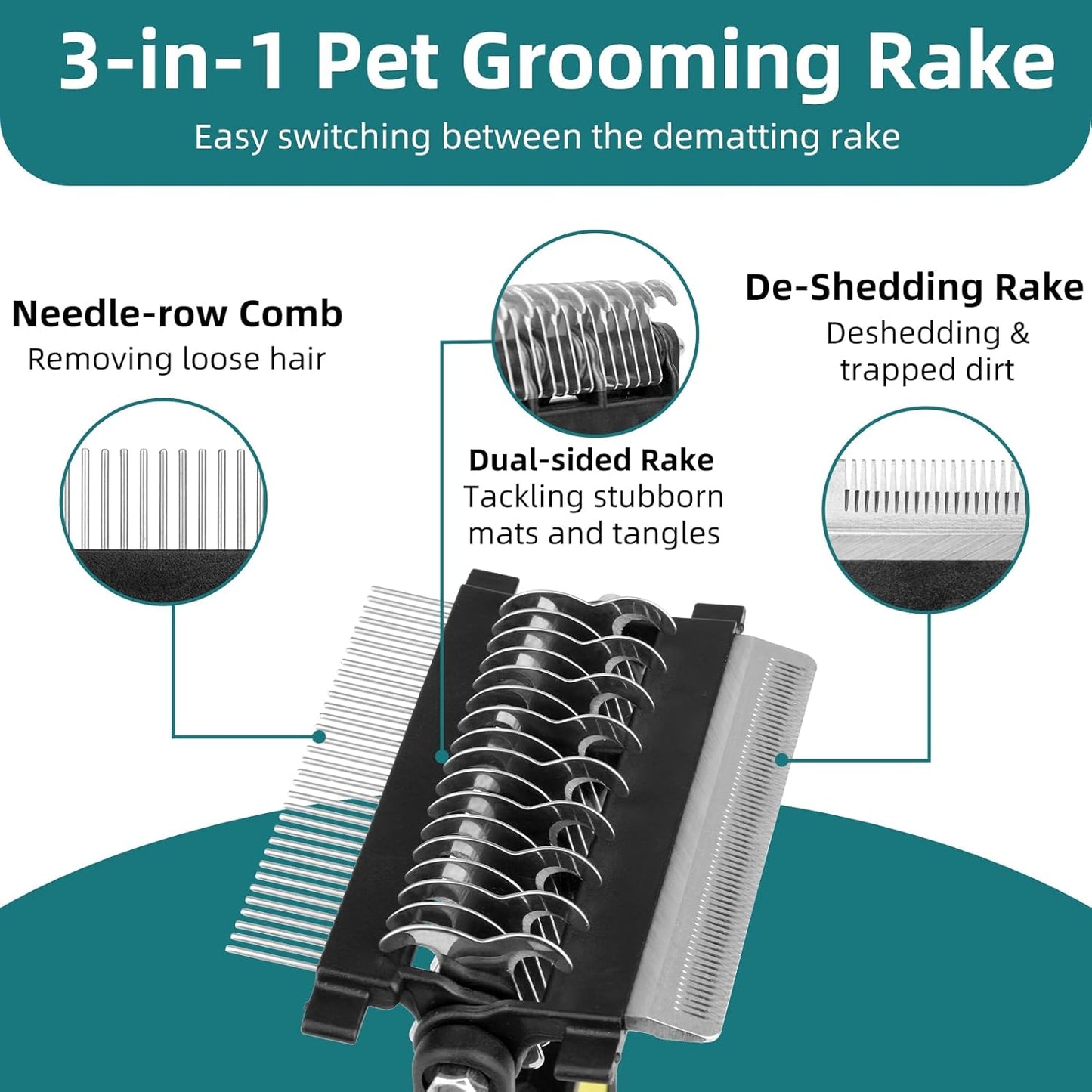 3-IN-1 Pet Grooming Tool - Undercoat Rake, Dematting Comb & Deshedding Brush for Cats & Dogs - Removes Mats, Tangles & Loose Fur, Reduces Shedding & Prevents Hair Mess (Green)