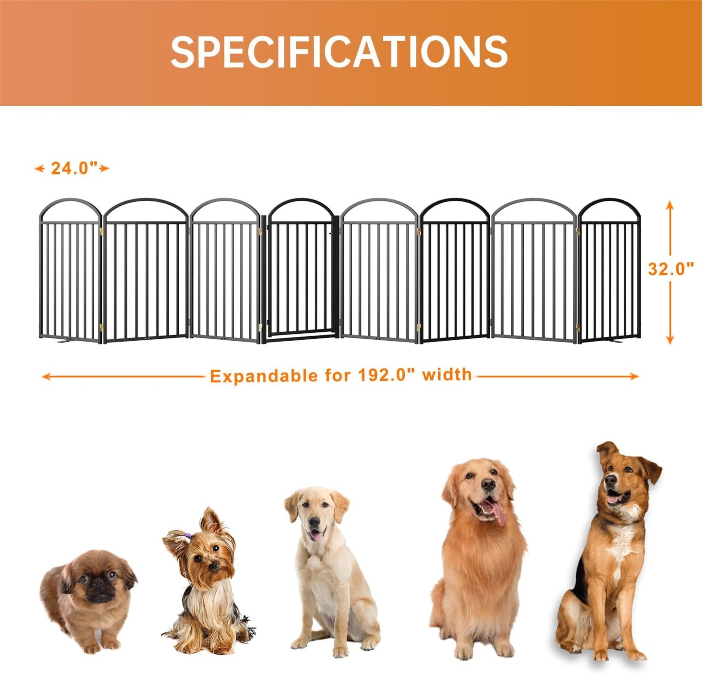 8 Panles Full Matel Freestanding Dog Gates with Door, 192"Extra Wide 32"Tall Free Standing Dog Pet Gate for Indoor & Outdoor. Foldable Pet Fences for Doorways, House, Stairs, Porch, Deck, Yard