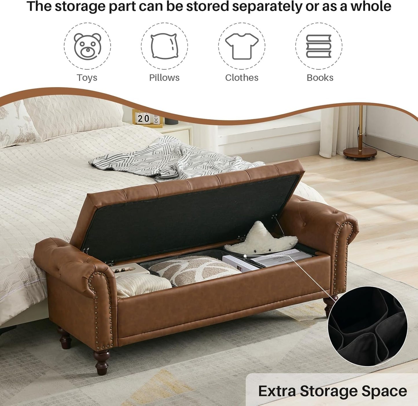 58.1'' Storage Bench Upholstered PU Leather End of Bedroom Bed Bench Ottoman with Tufted Cushioned Rolled Arm Large Storage Space for Reading Living Room Entryway, Brown
