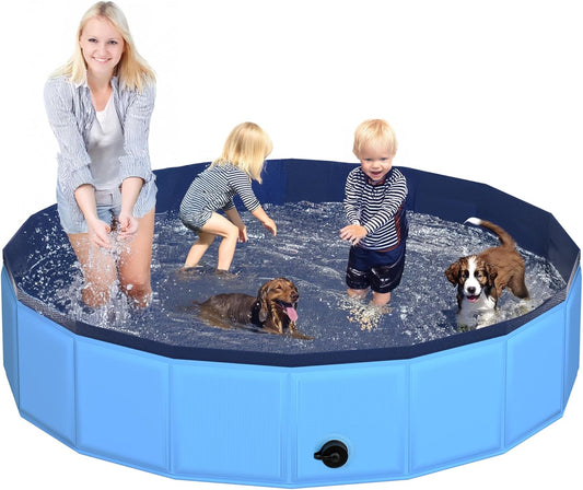 87" x 12" Foldable Dog Pool - Collapsible Hard Plastic Kiddie Pool for Dogs & Kids, Non-Slip Pet Bath Tub for Outdoor Backyard Use, Lightweight & Portable (Blue)
