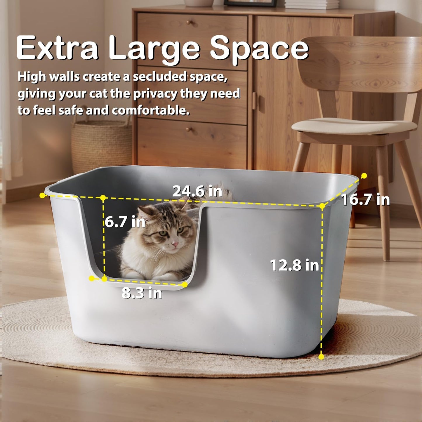 Extra Large Cat Litter Box with High Sides - Splash-Proof Design for Big Cats & Multi-Cat Homes, 24.6in x 16.7in x 12.8in (Gray)
