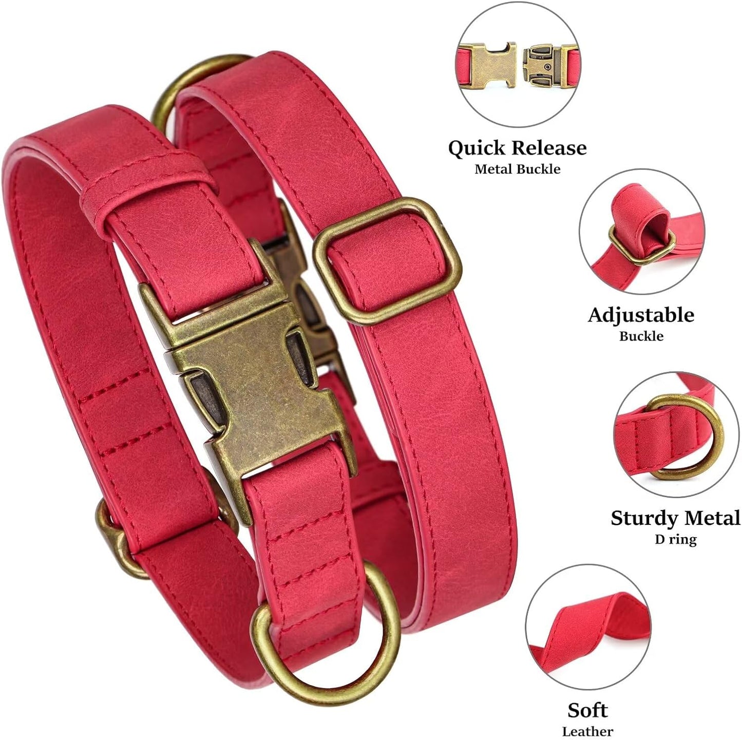 Didog Soft PU Leather Dog Collar, Stylish Quick Released Dog Collars for Medium Dogs, Easy Clean Adjustable Pet Collar for Daily Walking, Red, M Fit 13-21" Neck