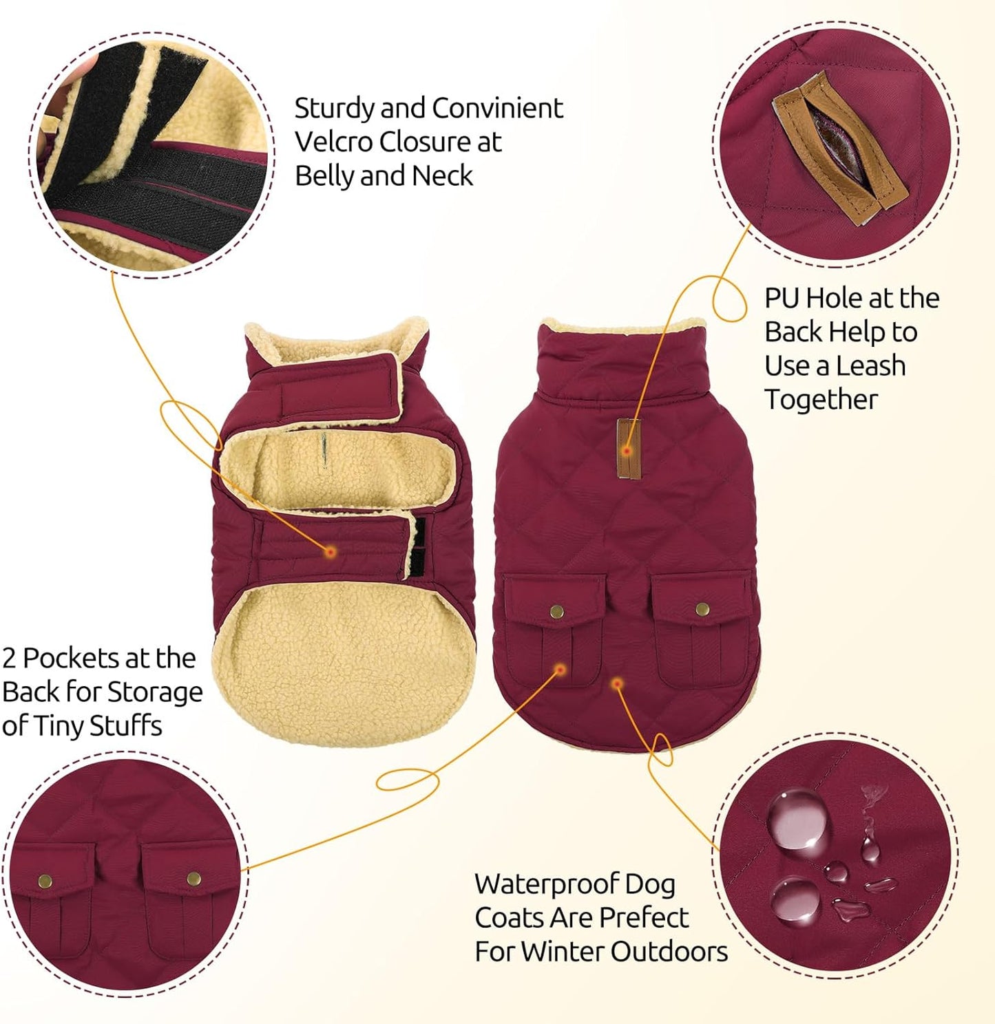 Queenmore Dog Winter Coat Warm Puffer Jacket Waterproof Plush Lining Thermal Cold Weather Vest for Small Medium Large Dogs, Windproof Easy On Pet Jacket Burgundy M