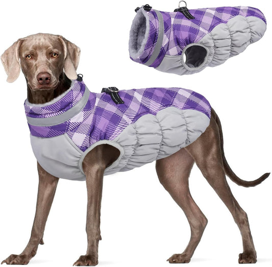 FUAMEY Dog Coat for Large Dogs,Waterproof Dog Winter Jacket with Harness Built in Puppy Cold Weather Coats Reflective Pet Vest with Zipper Warm Fleece Dogs Snowsuit Windproof Purple Plaid 3XL