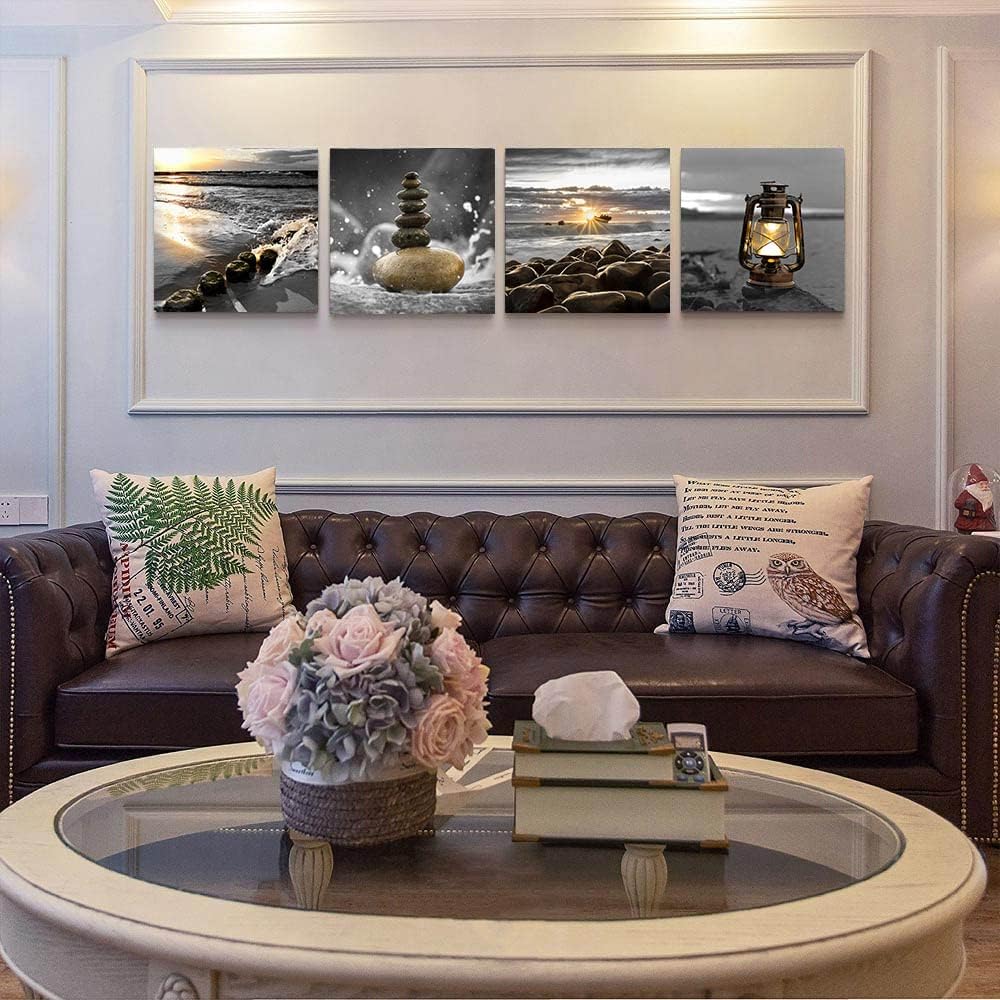 Yxbhhym-Canvas Zen Décor Black and White Beach Wall Art Ocean Poste Seascape Picture Print Sunset Scenery Painting Artwork for Living Room Wall Decor Bedroom Bathroom Wall Home Decorations Framed