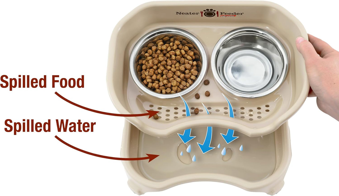 Neater Feeder Express Mess Proof Dog Bowls Elevated for Small Breeds Under 15 Lb, Made in USA, No Spill Raised Dog Food Bowl Stand, Stainless Steel Food and Water Bowl Set, Feeding Station, Almond