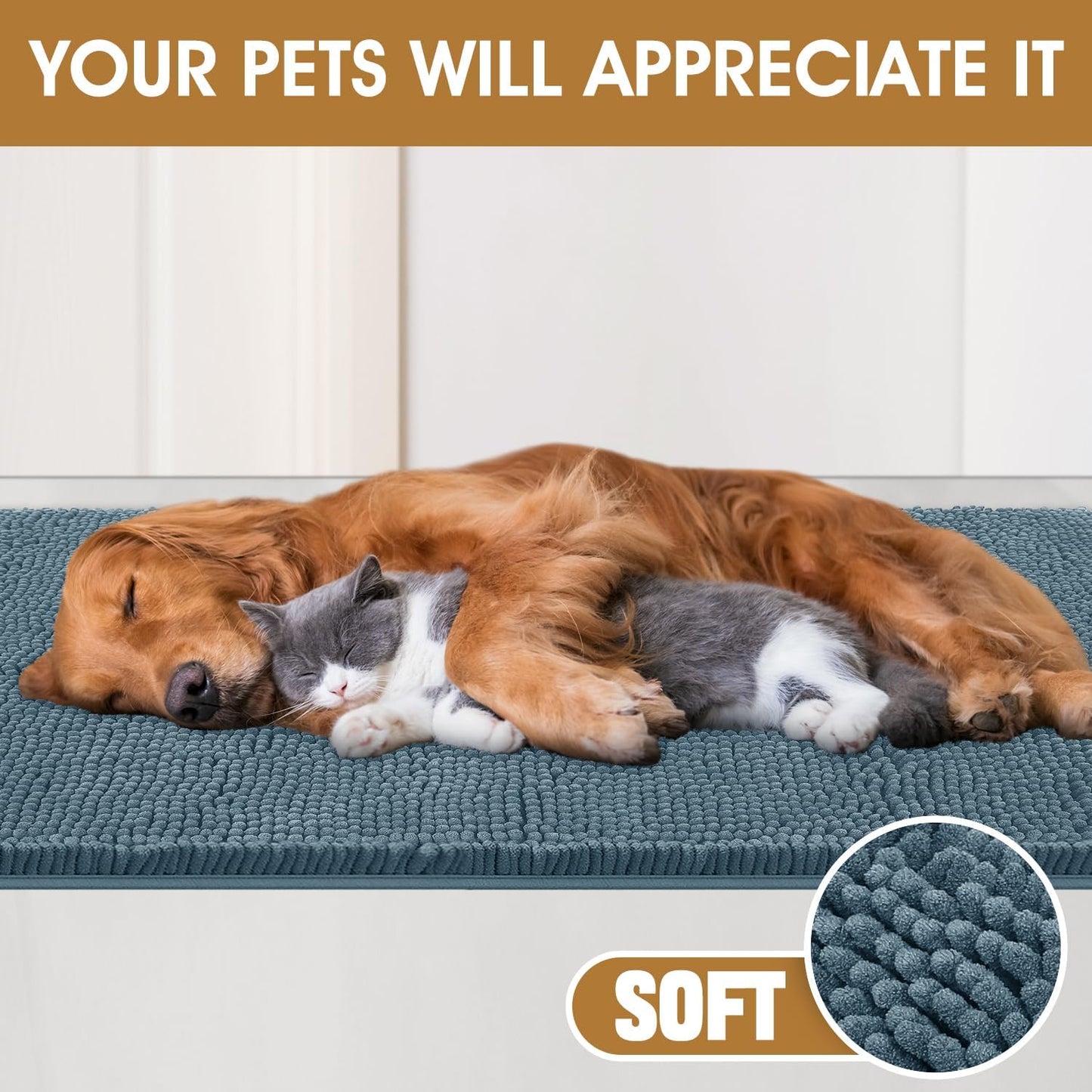 Dog Door Mats for Muddy Paws, Chenille Absorbent Dog Mats, Non Slip Heavy Mud Mat for Dogs, Soft Pet Mat for Entryway, Mud Paws, Inside Floor,48" x 38", Dusty Blue