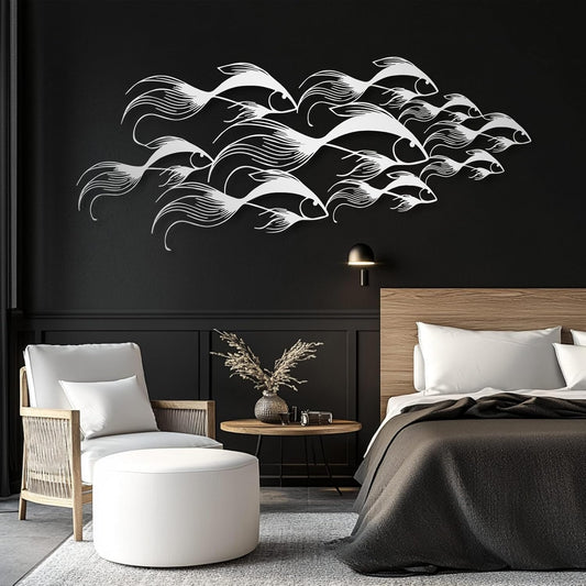 School of Fish Metal Wall Art, Metal Fish Wall Decor, Sea Life Wall Art, Large Nautical Wall Hanging, Modern Beach House Wall Decor, Ocean Themed Artwork for Bathroom (Silver, 41"x18" | 105x45cm)