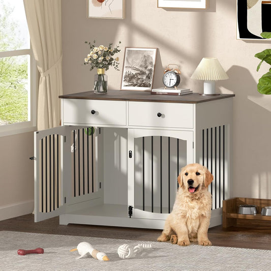 40 Inch Furniture-Style Dog Crate-Multipurpose Wood Pet Crate Furniture with Double Doors,2 Drawers, Decorative Dog House Indoor for Smal/Medium Dogs, White Finish