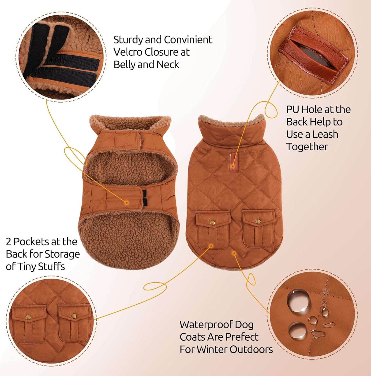 Queenmore Warm Dog Coat, Cold Weather Puffer Jacket with Ultra Thick Plush Lining and Storage Pockets (Brown, Large)