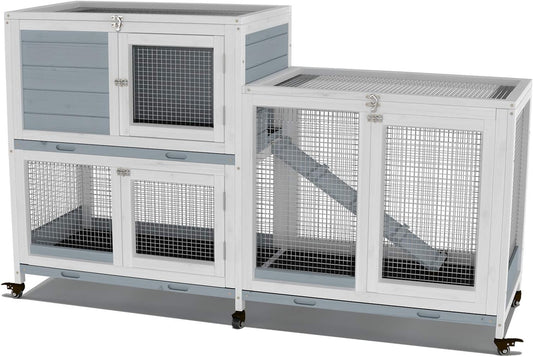 GDLF Two Floors 58" Wooden Indoor Bunny Hutch Rabbit Cage on Wheels Guinea Pig PET House for Small to Medium Animals Waterproof No Leak Tray