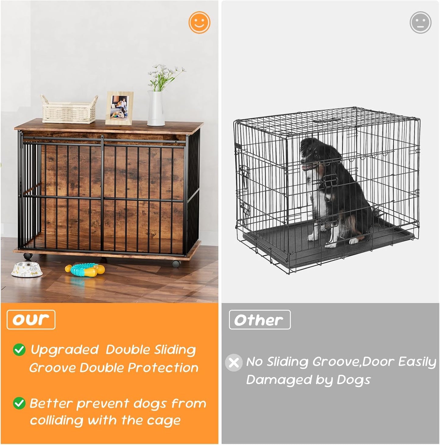 43.7" Dog Crate Furniture, XL Dog Crate Dog Kennel Indoor with Wheels for Large Medium Small Dogs, Wooden Dog Kennel End Table with Sliding Door Wooden Furniture Crates for Living Room, Bedroom
