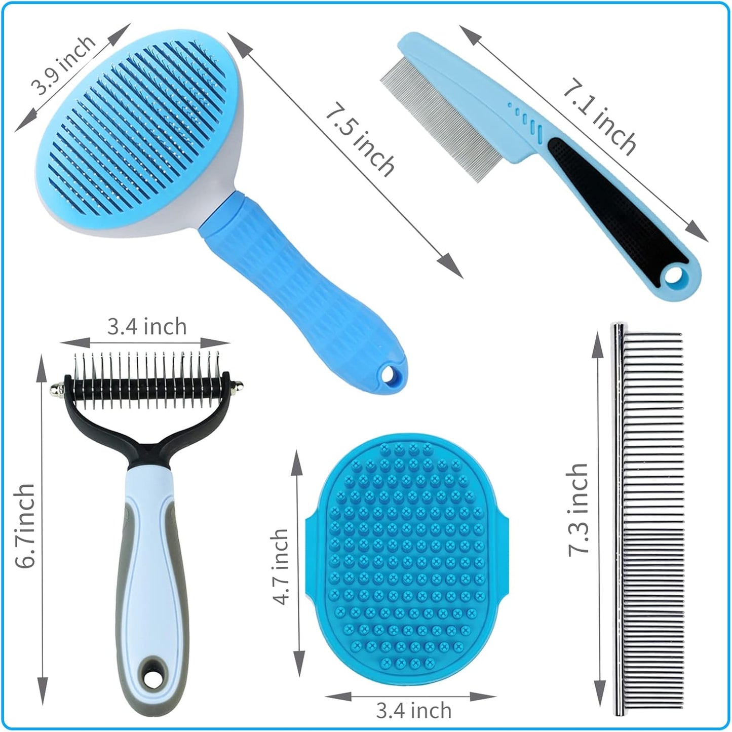 Dog Brush Grooming Kit 5PCS - Dog Brushes for Grooming, Dog Brush for Shedding,Puppy Brush and Flea Comb for Dogs, Slicker Brush Comb and Dog Hair Brush Set Blue
