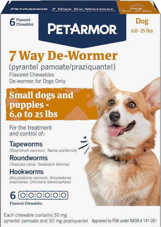 PetArmor 7 Way De-Wormer for Dogs, Oral Treatment for Tapeworm, Roundworm & Hookworm in Small Dogs & Puppies (6-25 lbs), Worm Remover (Praziquantel & Pyrantel Pamoate), 6 Flavored Chewables