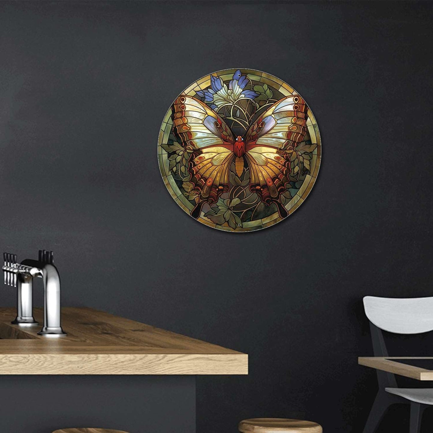 Lygond Metal Sign Tin Sign Circular Stained Glass Butterfly Funny Bathroom Wall Decor for Patio 8×8 Inches