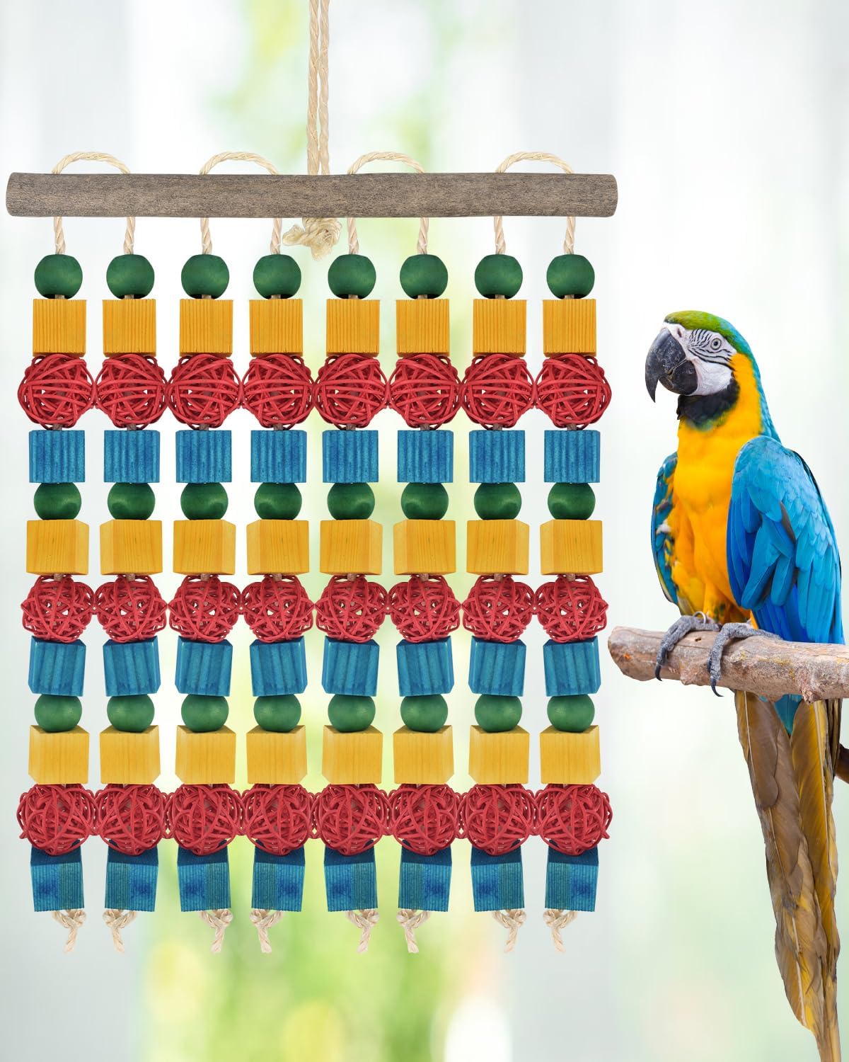 Large Parrot Toys, 17.7 inch Multicolored Natural Wooden Blocks Beads Rattan Balls, Bird Chew and Hanging Tearing Toys for Large Medium Birds Macaws African Grey Cockatoos Amazon Parrots