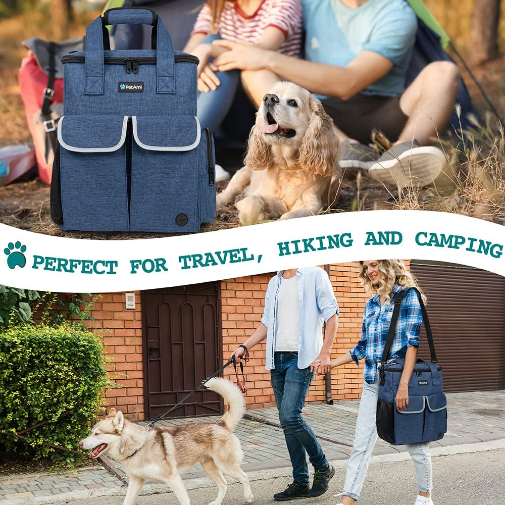 PetAmi Dog Travel Bag Pet Supplies Accessories Organizer for Traveling, Camping, Weekend; Cat Pet Travel Bag Kit Includes 2 Food Storage Containers, 2 Collapsible Bowls, 1 Feeding Mat (Navy Blue)